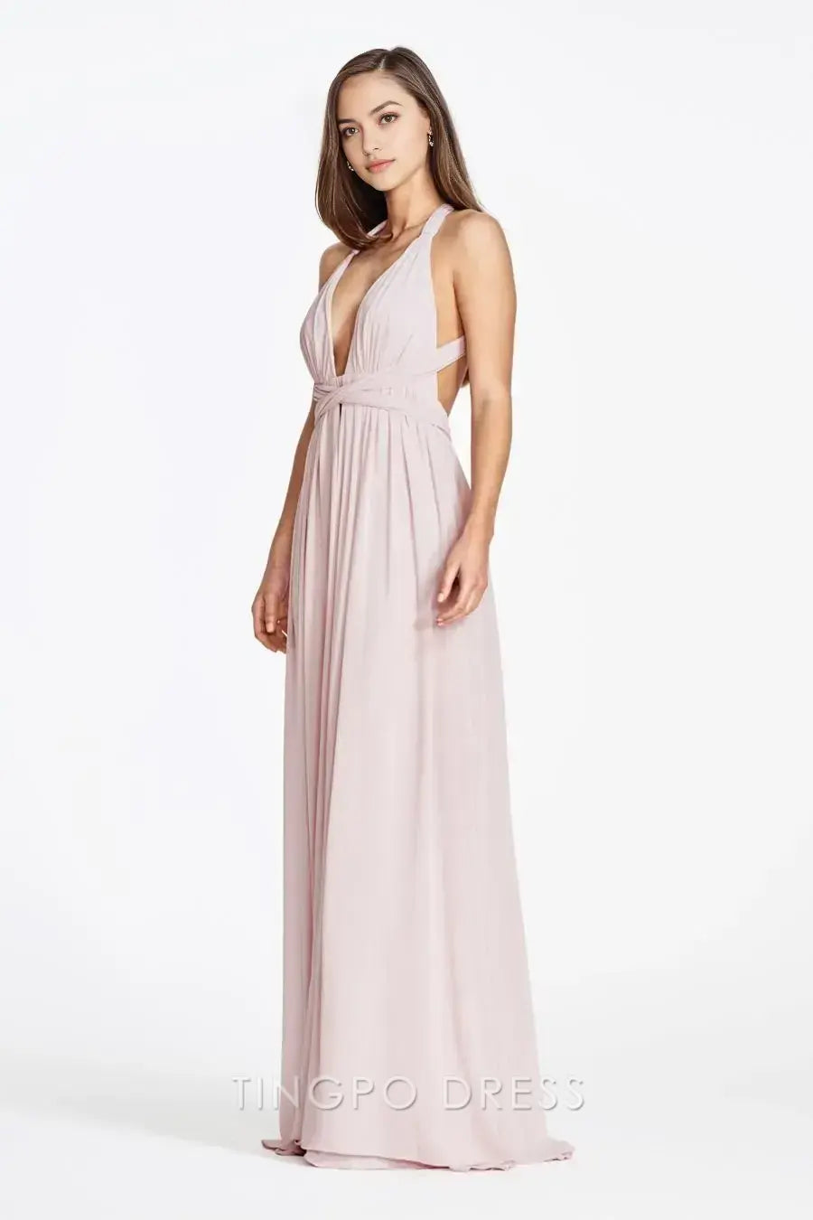 TingPo Wholesale Simple Blush Pink Halter Neck Maxi Dress - Deep V-Back Cross Strap Evening Gown